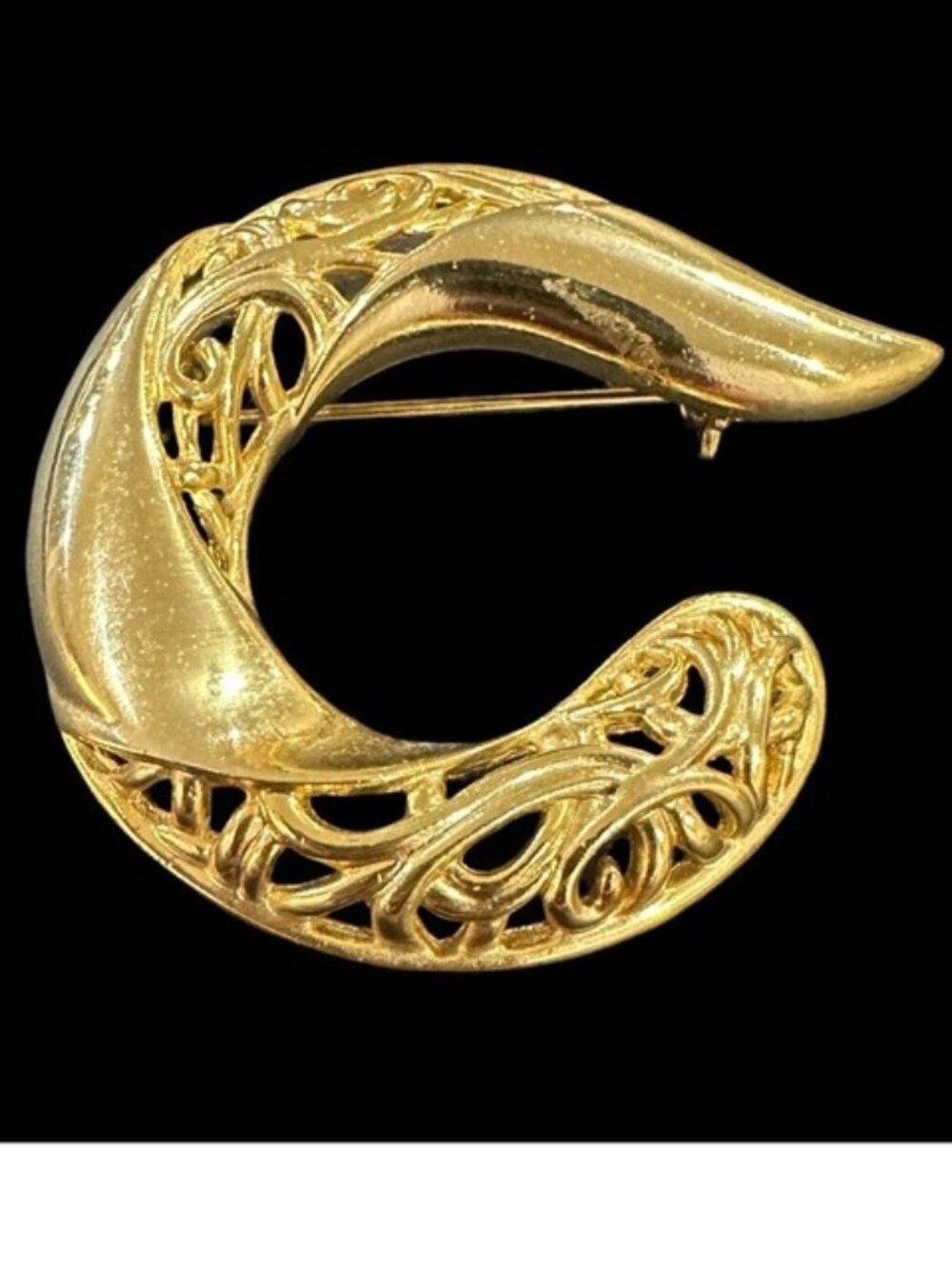 Gold Tone Crescent Brooch With Ornate Filigree Design Vintage Women